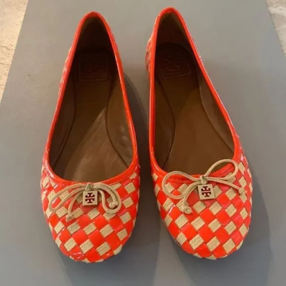 Tory Burch Orange & Tan Woven Flats